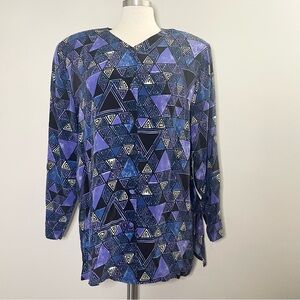 Papell Too Adrianna Papell Vintage All Silk Geometric Print Button Up Blouse Top